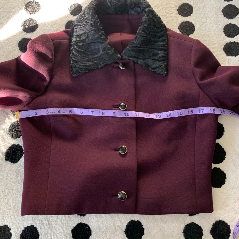 Vintage 60s Burgundy Black Faux Fur Trim 2 Pc Belted Dress Cropped Blazer Set - Picture 9 of 16